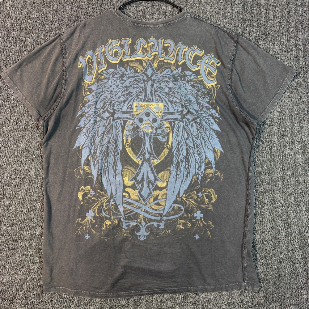 Eighty Eight Mens XXL Gray V-Neck Graphic T-Shirt Vigilance Cross Winged Y2K MMA